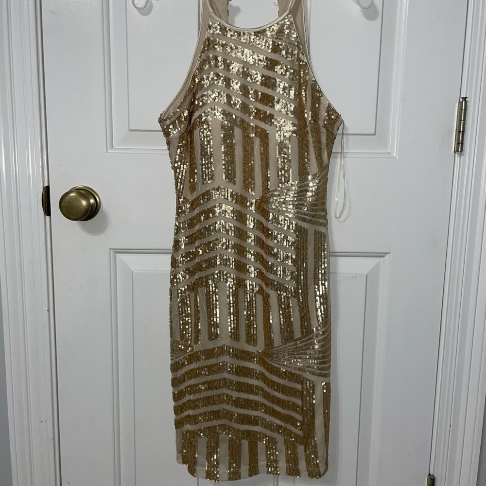 Short Gold sequence homecoming dress.